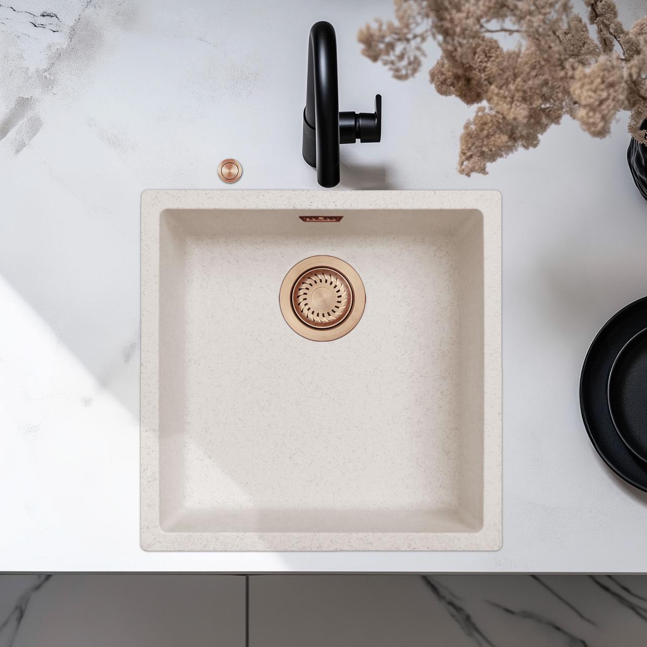 Ausmann Fibre lavabo de arena blanca 40x40cm de encastre, sobre encimera y de montaje empotrado con tapón automático de cobre 1208971927