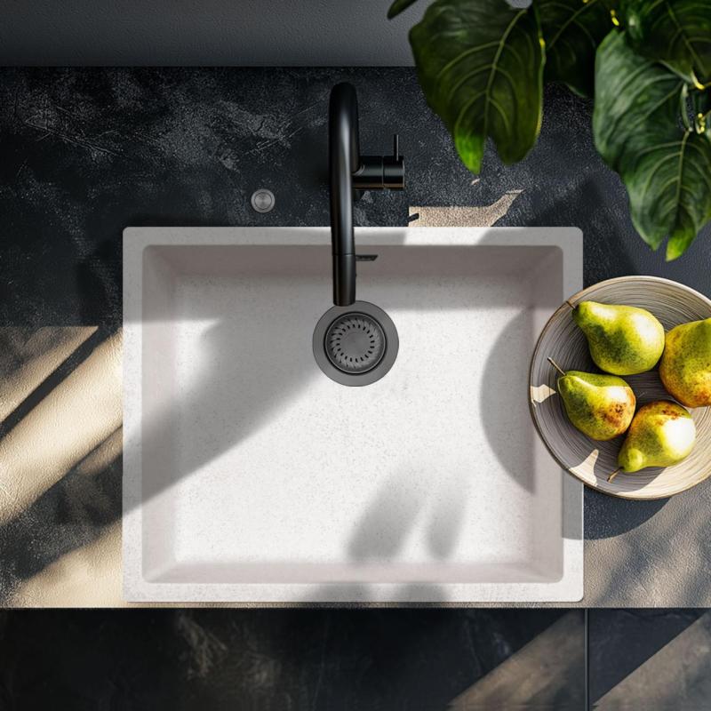 Ausmann Fibre lavabo de arena blanca 50x40cm bajo encimera, sobre encimera y enrasado con tapón automático de metal color gris oscuro 1208971934