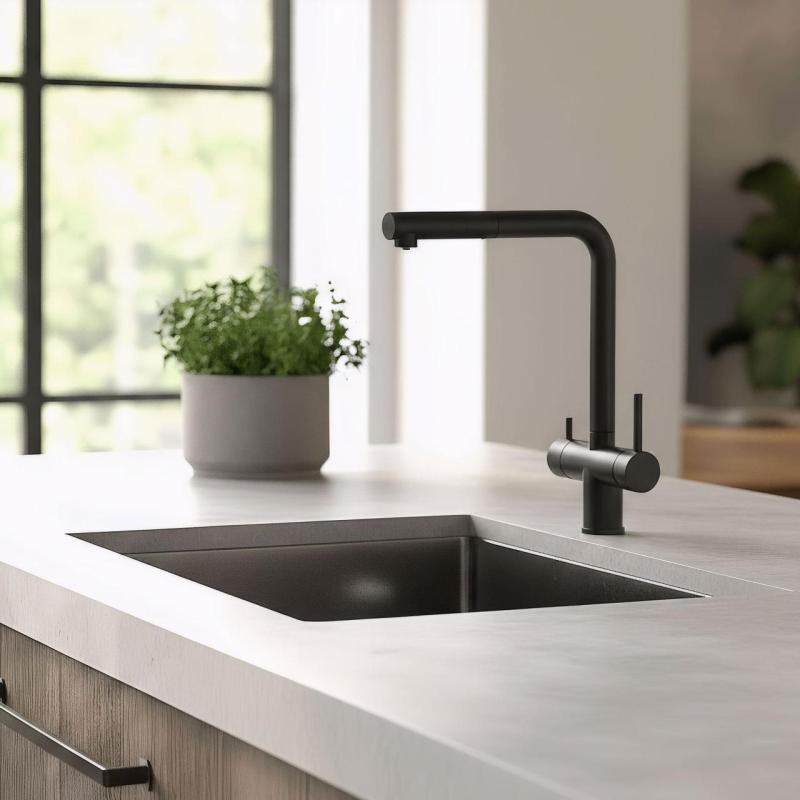 Pure.Sink Elite Steel Clear-S Mat negro Grifo de cocina de 3 vías con salida retráctil y agua filtrada PS8120-10
