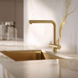 Pure.Sink Elite Steel Clear-S PVD cepillado en oro 3-way Grifo de cocina con caño extraíble y agua filtrada PS8120-60