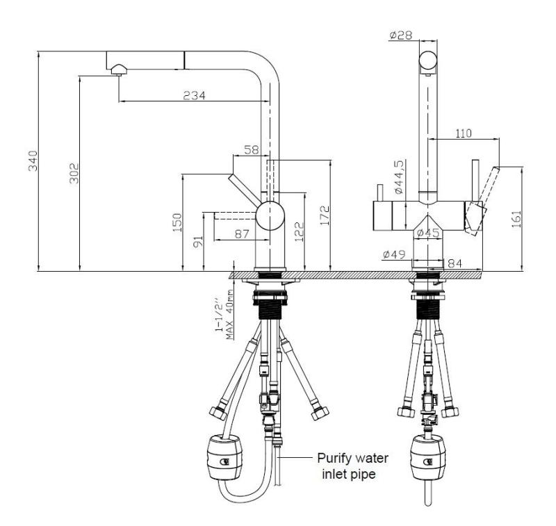 Pure.Sink Elite Steel Clear-S PVD cepillado en oro 3-way Grifo de cocina con caño extraíble y agua filtrada PS8120-60