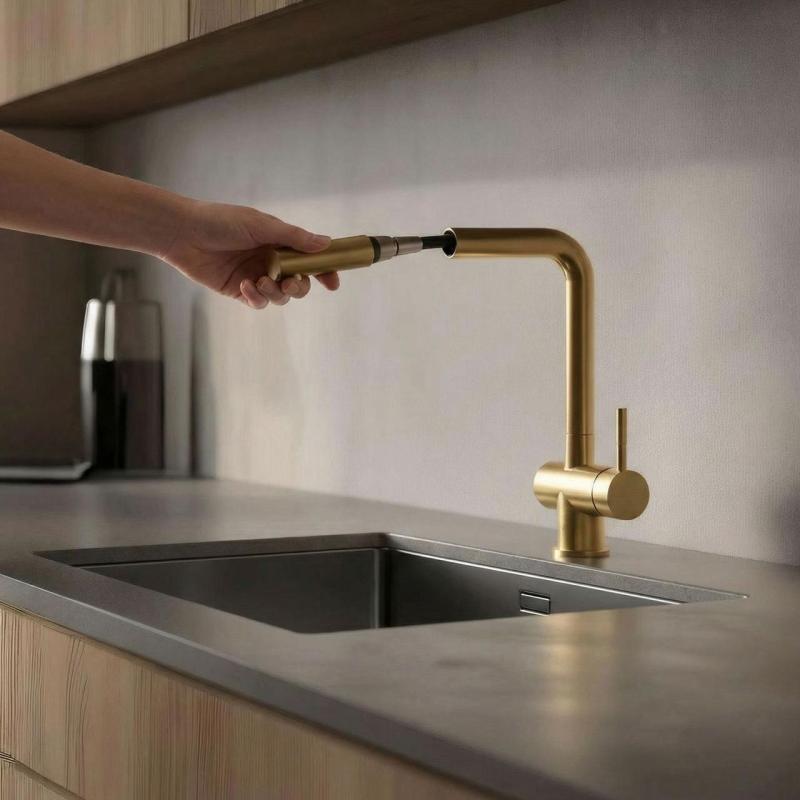 Pure.Sink Elite Steel Pulse-S grifo de cocina PVD en oro cepillado con salida extensible y modo de rociado PS8500-60