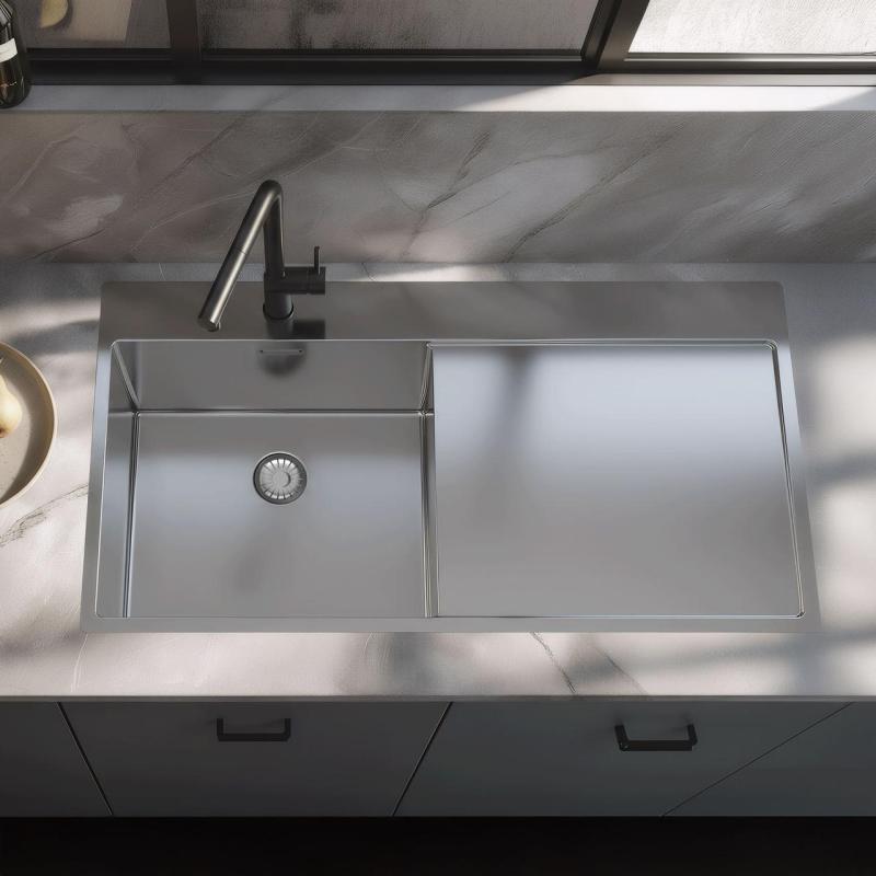 Pure.Sink Exclusivo Fregadero de acero inoxidable con escurridor 100 x 52 cm Grifo a la izquierda PEX47100LT-02