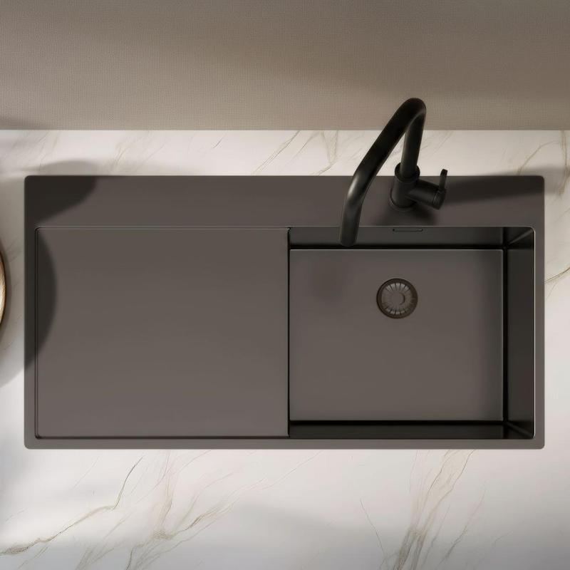 Pure.Sink Exclusivo Fregadero de metal gris con escurridor 100 x 52 cm Grifo Tapwing a la derecha PEX47100RT-61