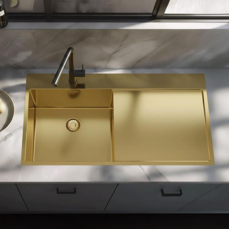 Pure.Sink Exclusivo Fregadero dorado con escurridor 100 x 52 cm Grifo Tapwing izquierdo PEX47100LT-60
