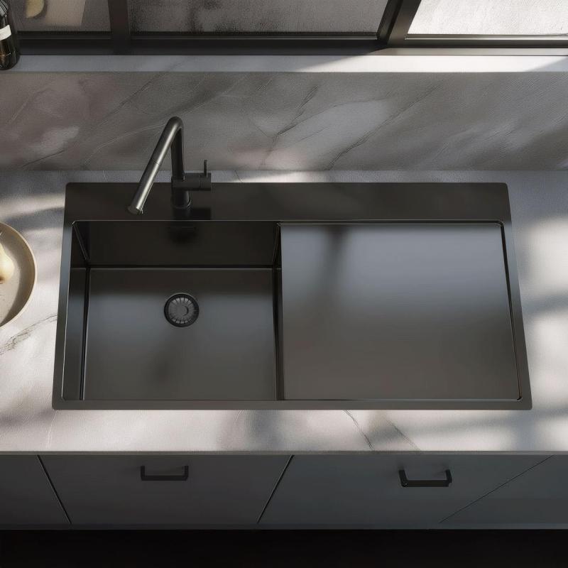 Pure.Sink Exclusivo Fregadero de metal gris con escurridor 100 x 52 cm Grifo Tapwing izquierdo PEX47100LT-61