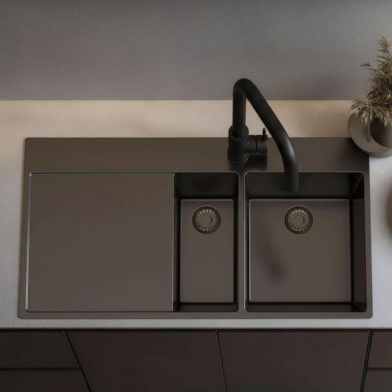 Pure.Sink Exclusivo Fregadero Gun Metal 1,5 con escurridor 100 x 52 cm Grifo Tapwing a la derecha PEX3418100RT-61