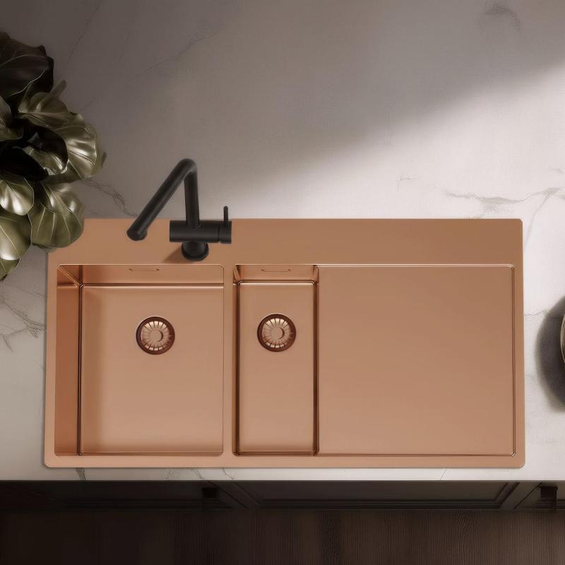 Pure.Sink Exclusivo Fregadero de cobre de 1,5  con escurridor 100 x 52 cm Grifo de palanca a la izquierda PEX3418100LT-62