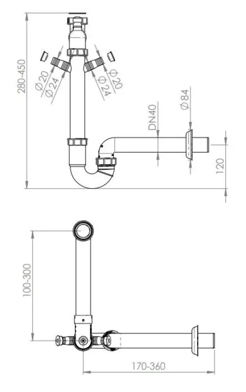 Pure.Sink Universal Sifón para fregadero que ahorra espacio para la cocina con 2 conexiones para lavavajillas WSTSSI-32