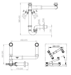 Pure.Sink Universal Sifón doble para fregadero que ahorra espacio para la cocina con 2 conexiones para lavavajillas WSTDSI-32