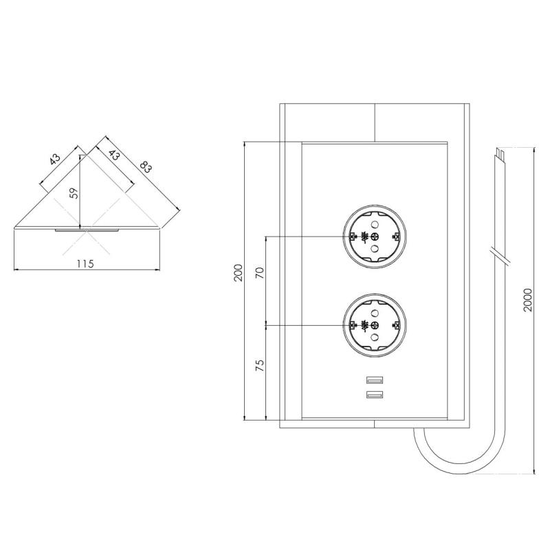 Indux Corner Columna de energía con 2 enchufes con toma de tierra y 2 cargadores USB. Cobre 1208972300