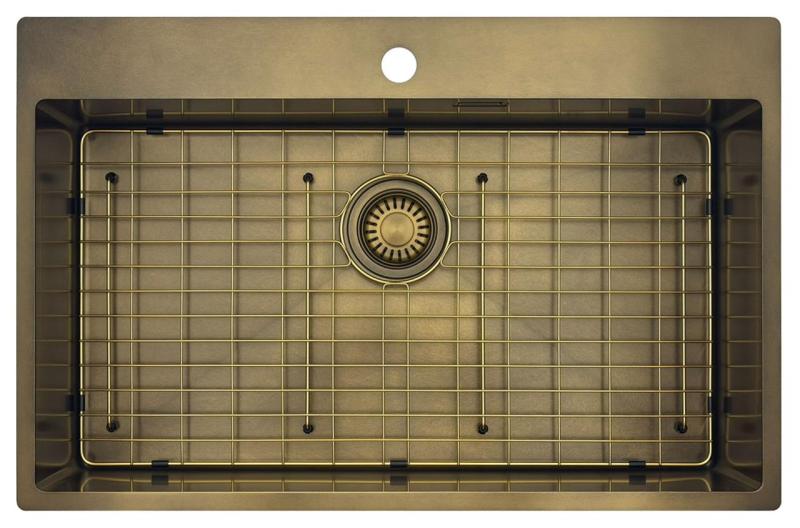 Pure.Sink Luxion Gran fregadero PVD Antique Bronze de 78 x 50 cm Tapwing con banco para grifo y rejilla inferior PLX7850T-64