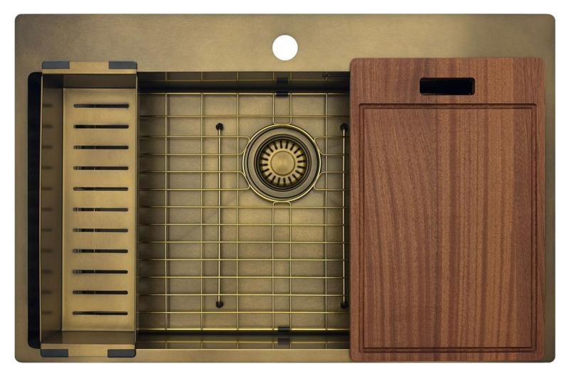 Pure.Sink Luxion Gran fregadero PVD Antique Bronze de 78 x 50 cm Tapwing con banco para grifo y rejilla inferior PLX7850T-64