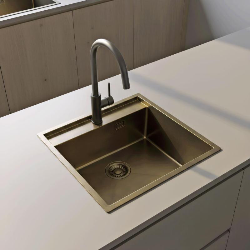 Pure.Sink Luxion PVD Antique Bronce fregadero 51x50 cm Tapwing con banco para grifo y rejilla inferior PLX5150T-64