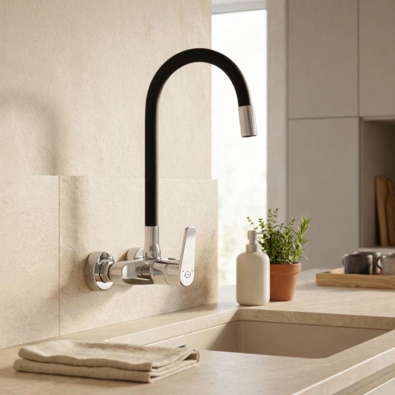 Aquanello Casa Grifo de cocina de pared cromado con caño alto flexible CR-1301-CS