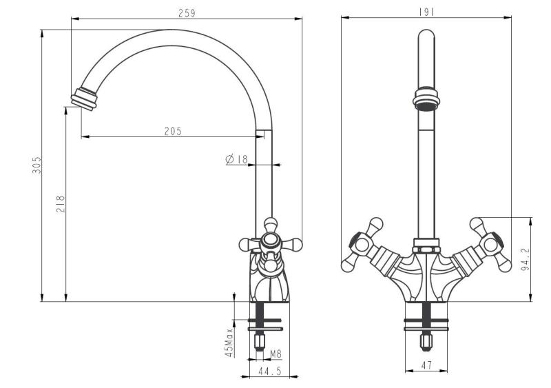 Aquanello Heritage Ascot Grifo de cocina clásico y nostálgico, negro con caño redondo BL-4003-HA