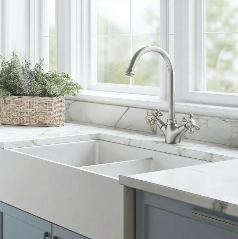 Aquanello Heritage Ascot Grifo de cocina clásico y nostálgico de acero inoxidable con boca redonda NB-4003-HA