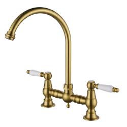 Aquanello Heritage Manor Grifo de cocina clásico de estilo nostálgico, modelo «Puente», en bronce con maneta blanca y caño redondo BN-0011-HM