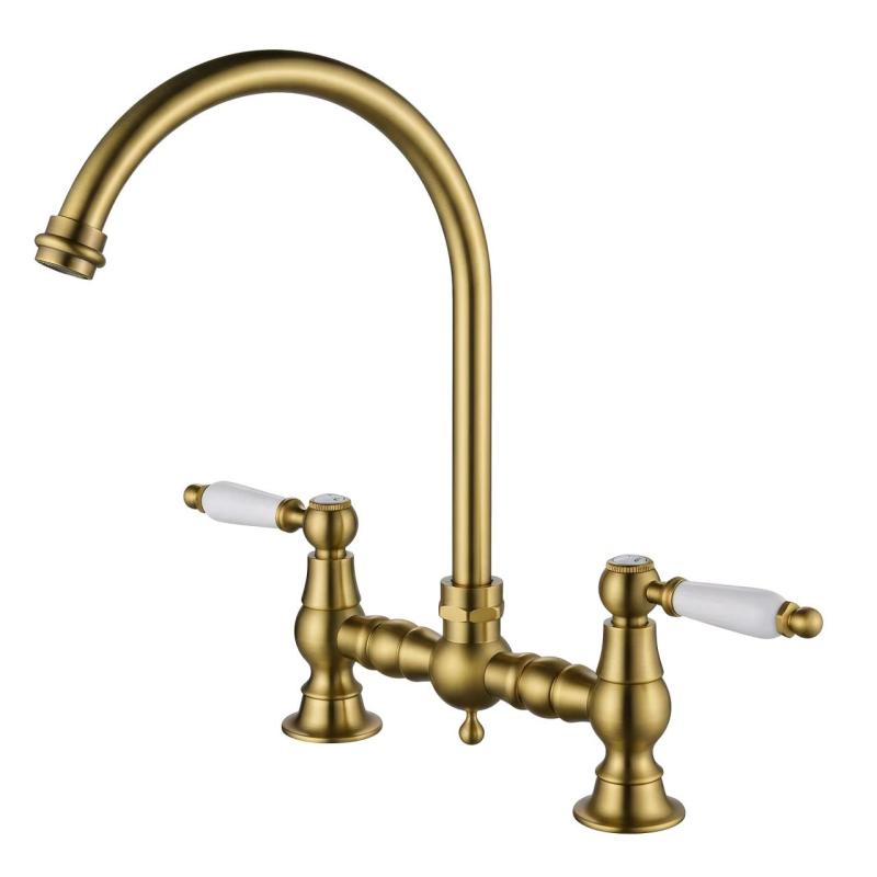 Aquanello Heritage Manor Grifo de cocina clásico de estilo nostálgico, modelo «Puente», en bronce con maneta blanca y caño redondo BN-0011-HM