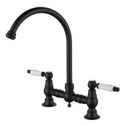 Aquanello Heritage Manor Grifo de cocina clásico de estilo nostálgico, negro con maneta blanca y caño redondo BL-0011-HM