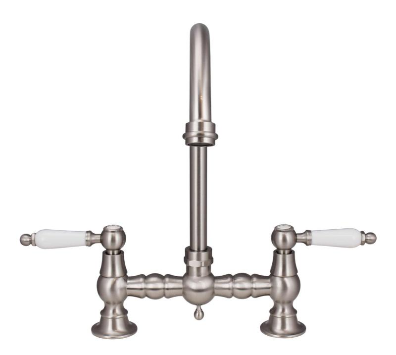 Aquanello Heritage Manor Grifo de cocina clásico Nostalgic Bridge en acero inoxidable con maneta blanca y caño redondo NB-4001-HA