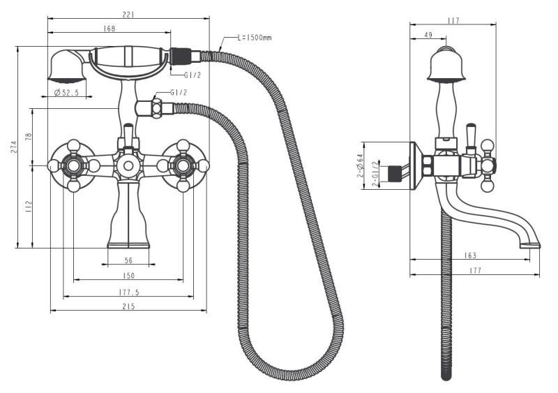 Aquanello Heritage Ascot Grifo clásico para bañera con mandos en estrella de acero inoxidable, incluye ducha de mano NB-3002-HA