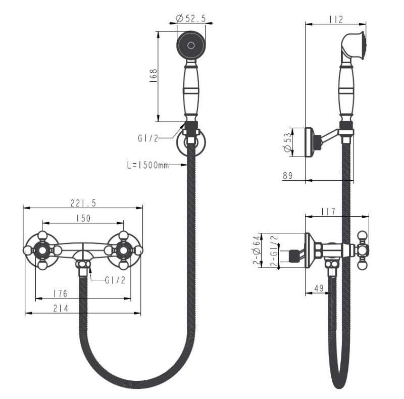 Aquanello Heritage Ascot Juego de grifería de ducha clásica con mandos en estrella, bronce, con ducha de mano BN-2002-HA