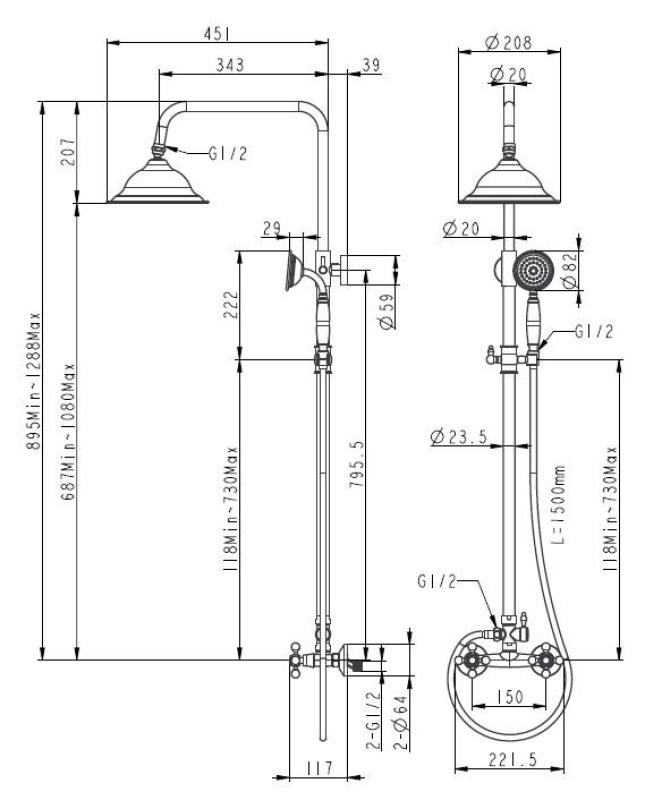 Aquanello Heritage Ascot Juego de ducha clásico Columna de ducha empotrada Acero inoxidable NC-2003-HA