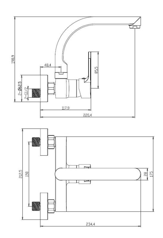 Aquanello Casa Grifo de cocina de pared con caño superior negro BL-1003-CS
