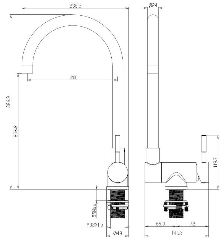 Aquanello Forma Grifo de cocina abatible de acero inoxidable macizo, negro, modelo BL-1012-FM