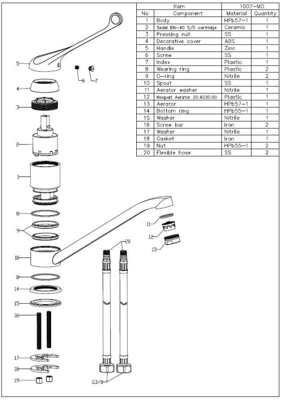 Aquanello Medic Grifo monomando de cocina con maneta larga  Cromo CR-1007-MD