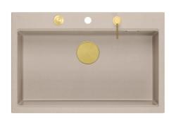 Quadri Hard Rock Fregadero sobre encimera de granito beige de grandes dimensiones (76 x 50 cm), con tapón dorado y accesorios incluidos 1208972701