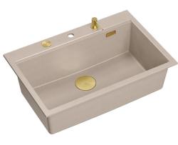 Quadri Hard Rock Fregadero sobre encimera de granito beige de grandes dimensiones (76 x 50 cm), con tapón dorado y accesorios incluidos 1208972701