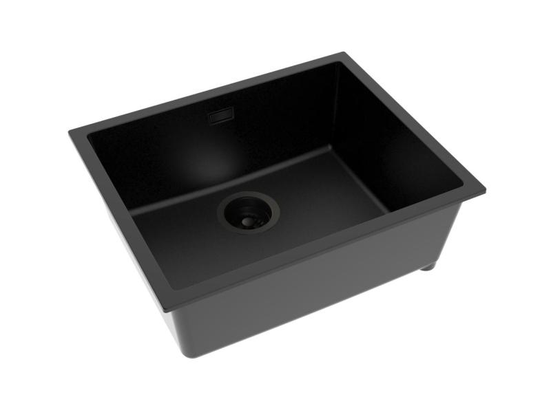 Pure.Sink Eternal Fregadero Quartz negro de 50 x 40 cm, para encastrar a ras y bajo encimera, con tapón negro