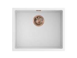 Pure.Sink Eternal Fregadero Quartz blanco de 50 x 40 cm, para encastrar a ras y bajo encimera, con tapón de cobre