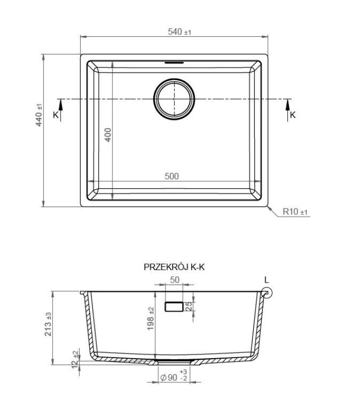 Pure.Sink Eternal Fregadero Quartz negro de 50 x 40 cm, para empotrar a ras y bajo encimera, con tapón automático negro