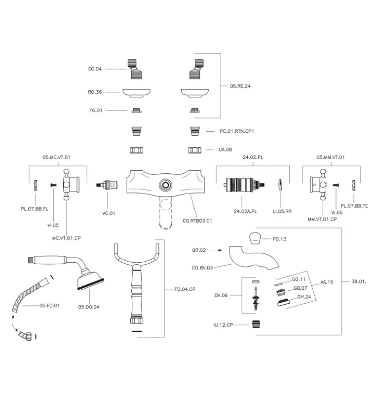 Mezclador Termostático de Baño Huber Victorian con teleducha cromado VTT3301021