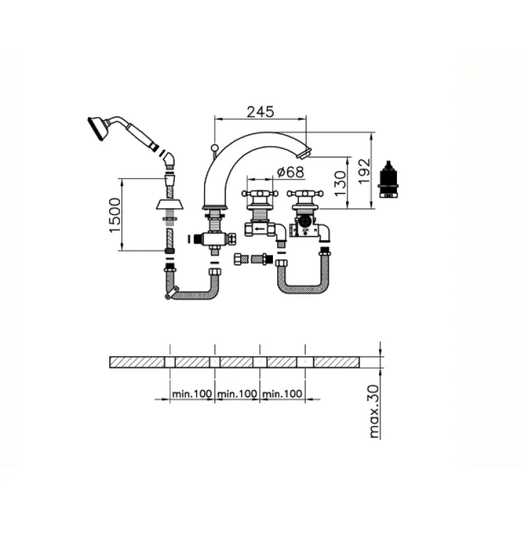 Mezclador Termostático de Baño Huber Victorian con 4 Orificios y teleducha Cromado VTT7601021