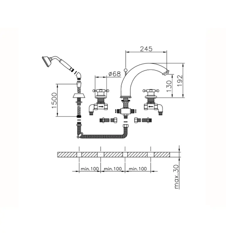 Mezclador Victoriano Huber para Baño con 4 Orificios y teleducha cromado VT00026021