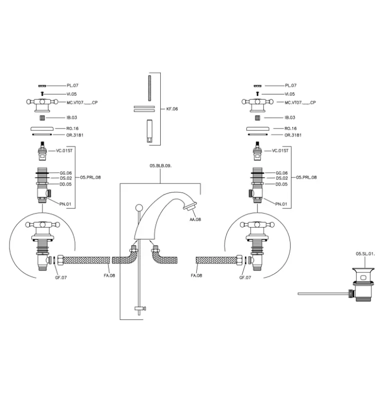 Mezclador de Lavabo Huber Victorian de 3 orificios cromado VT00101021