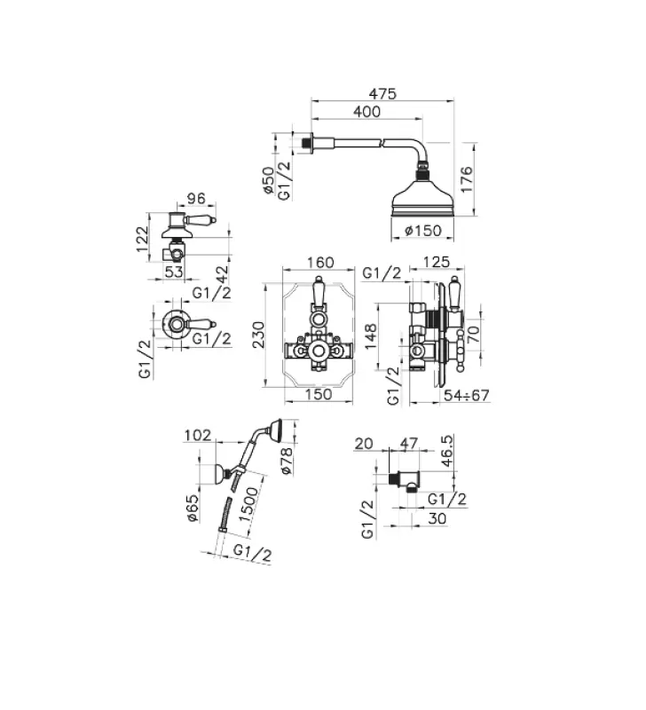 Conjunto de ducha Huber Victorian termostático empotrado Cromado 913.VT01H.CR